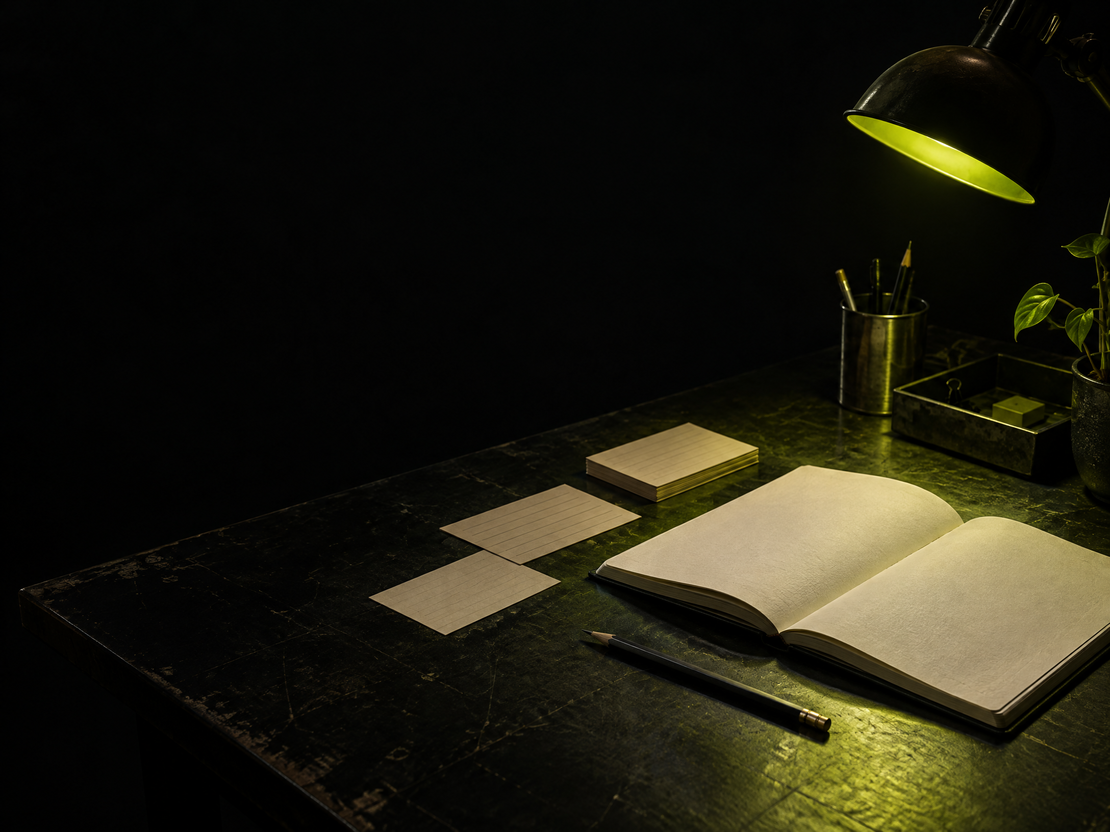 A floodlit workshop table with an open notebook and course notes